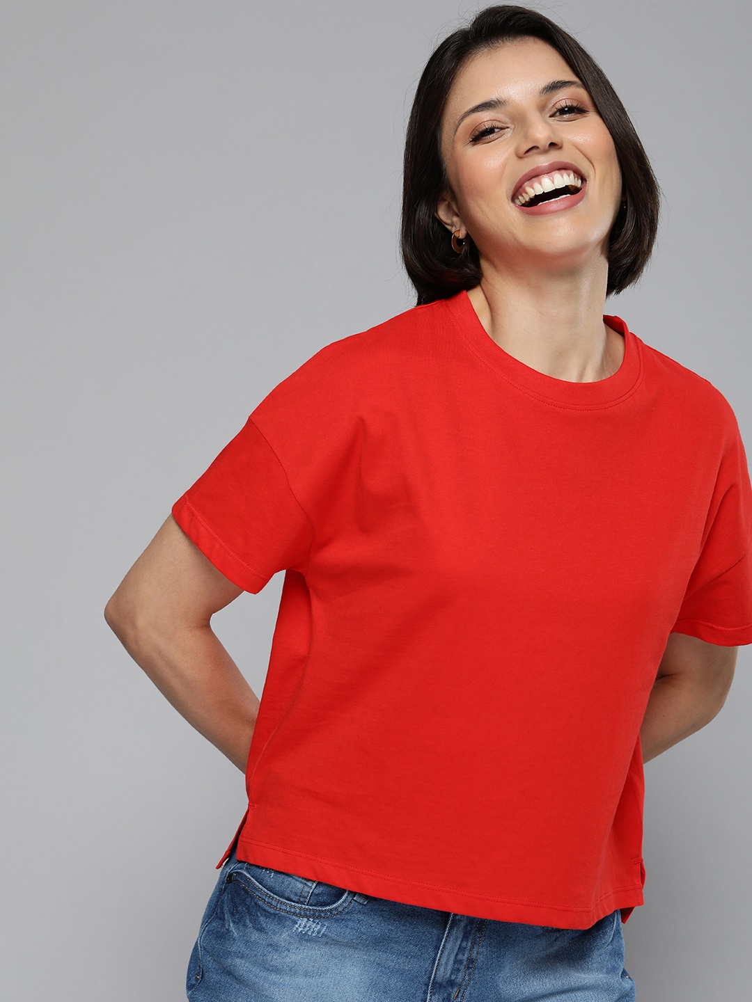 

Mast & Harbour Women Red Solid Pure Cotton T-shirt