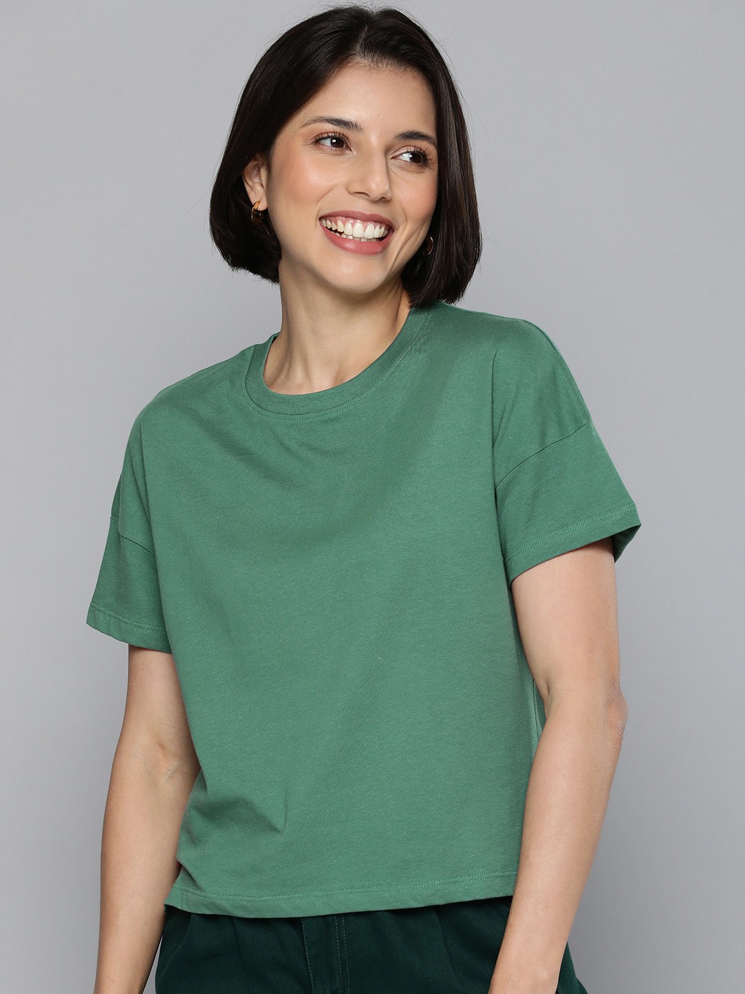 

Mast & Harbour Women Green Solid Pure Cotton T-shirt