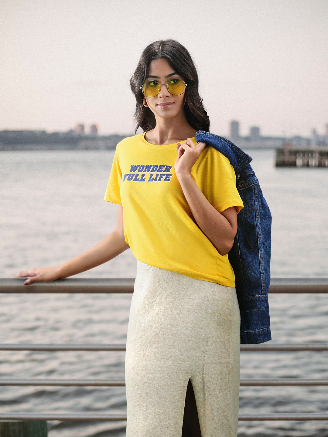 

Mast & Harbour Women Yellow Typography Print Round Neck Pure Cotton T-shirt