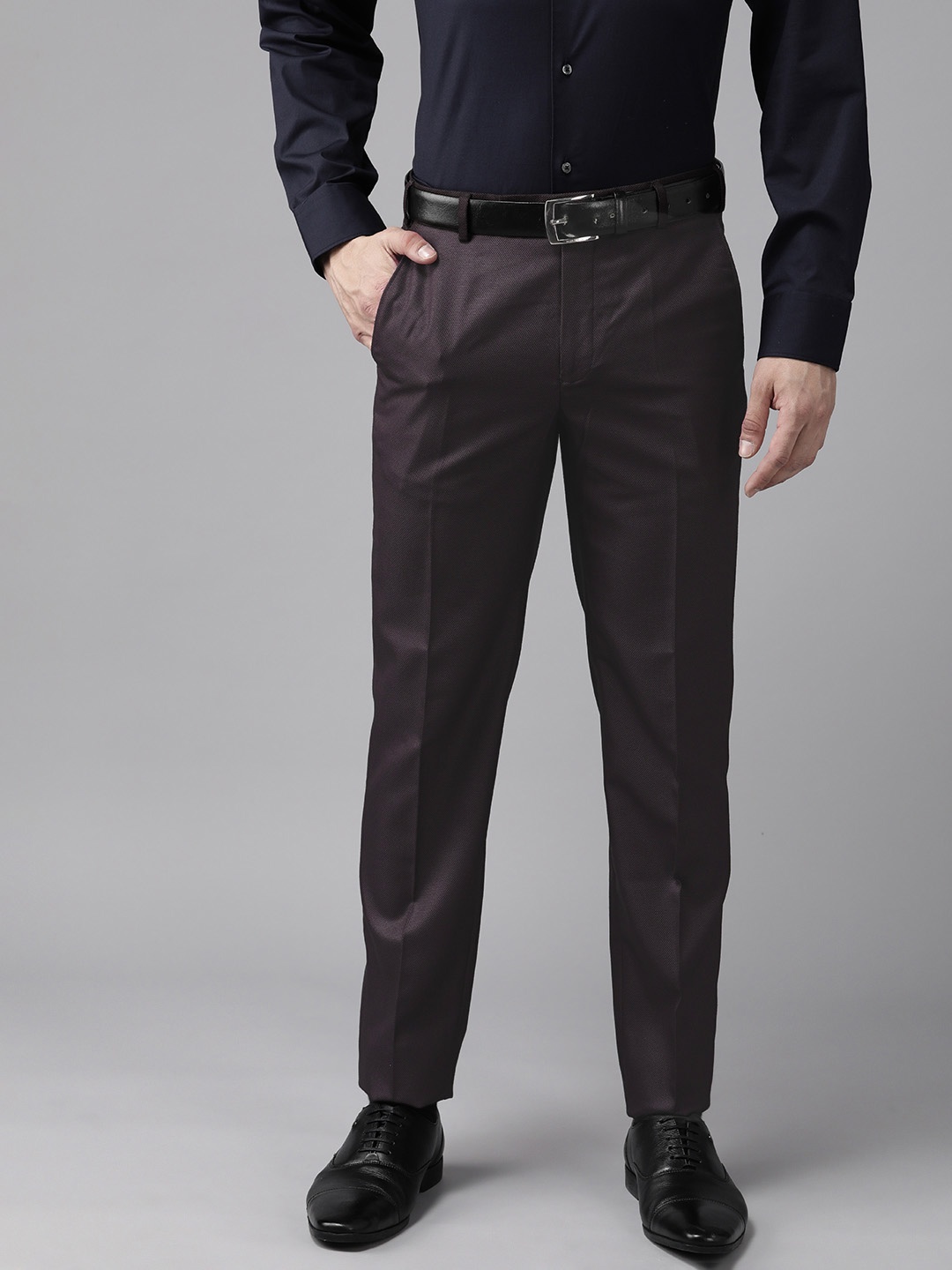 

Park Avenue Men Textured Super Slim Fit Formal Trousers, Burgundy