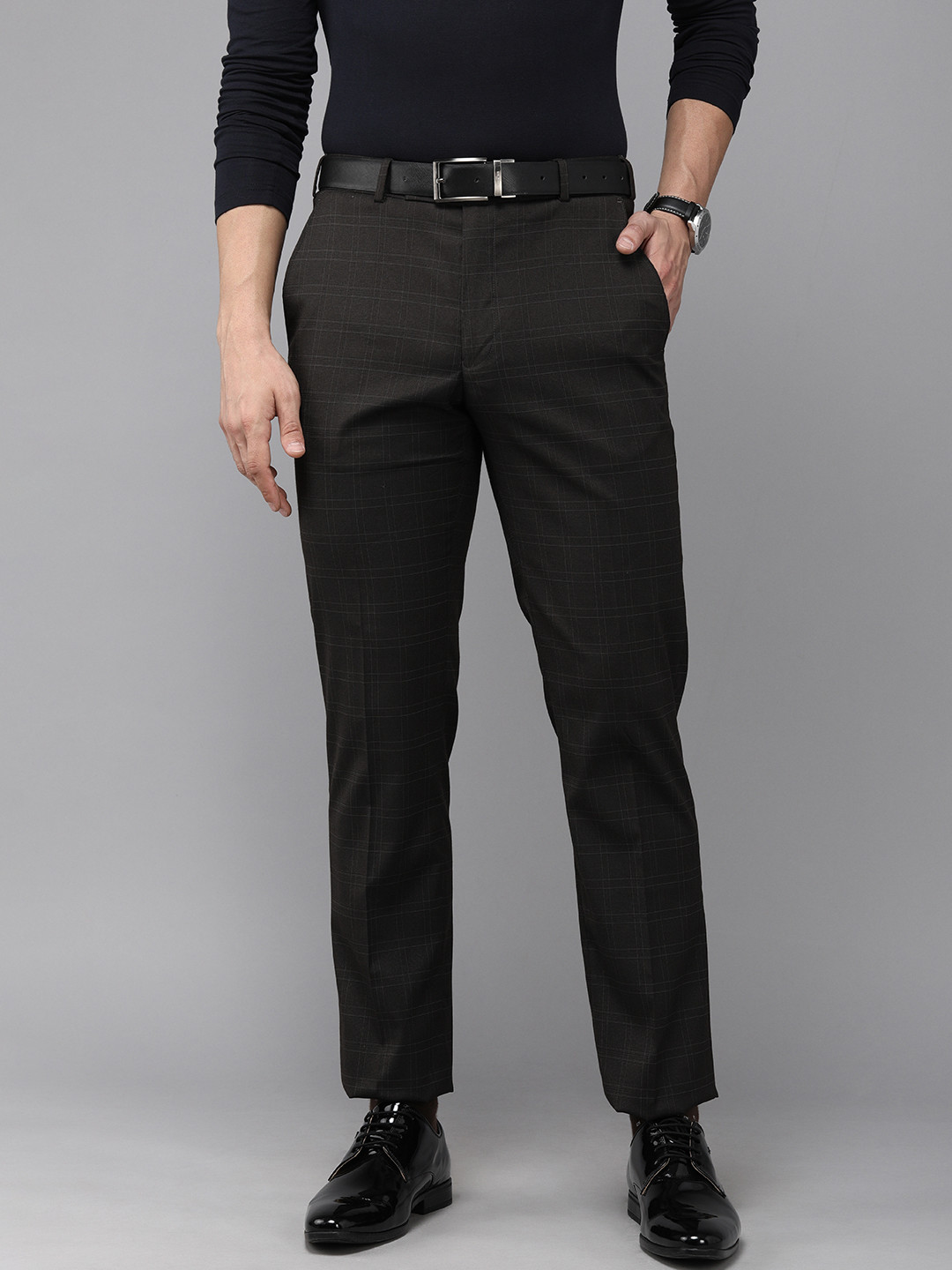 

Park Avenue Men Brown Checked Smart Fit Low-Rise Formal Trousers