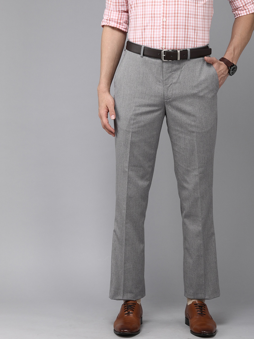 

Park Avenue Men Grey Solid Mid-Rise Formal Trousers
