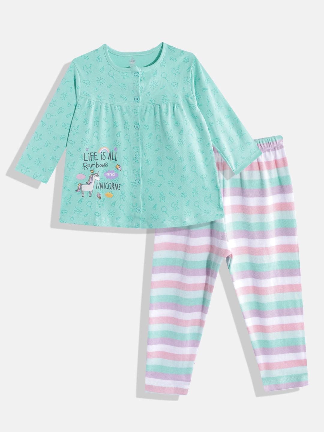 

TINYO Girls Sea Green & Pink Pure Cotton Printed T-shirt with Pyjamas