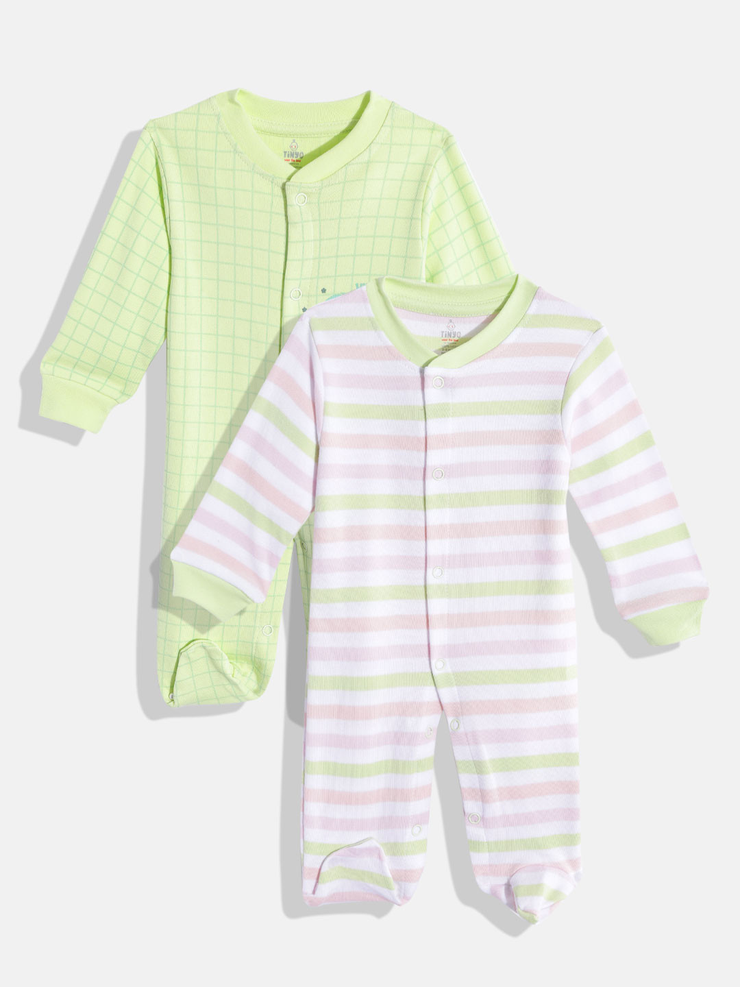 

TINYO Infant Girls Pack of 2 Pure Cotton Sleep Suits, Green