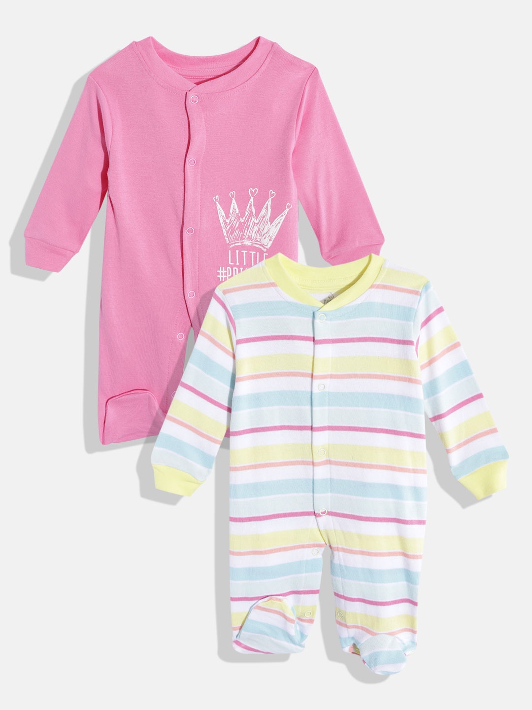 

TINYO Infant Girls Pack of 2 Pure Cotton Printed Sleep Suits, Pink