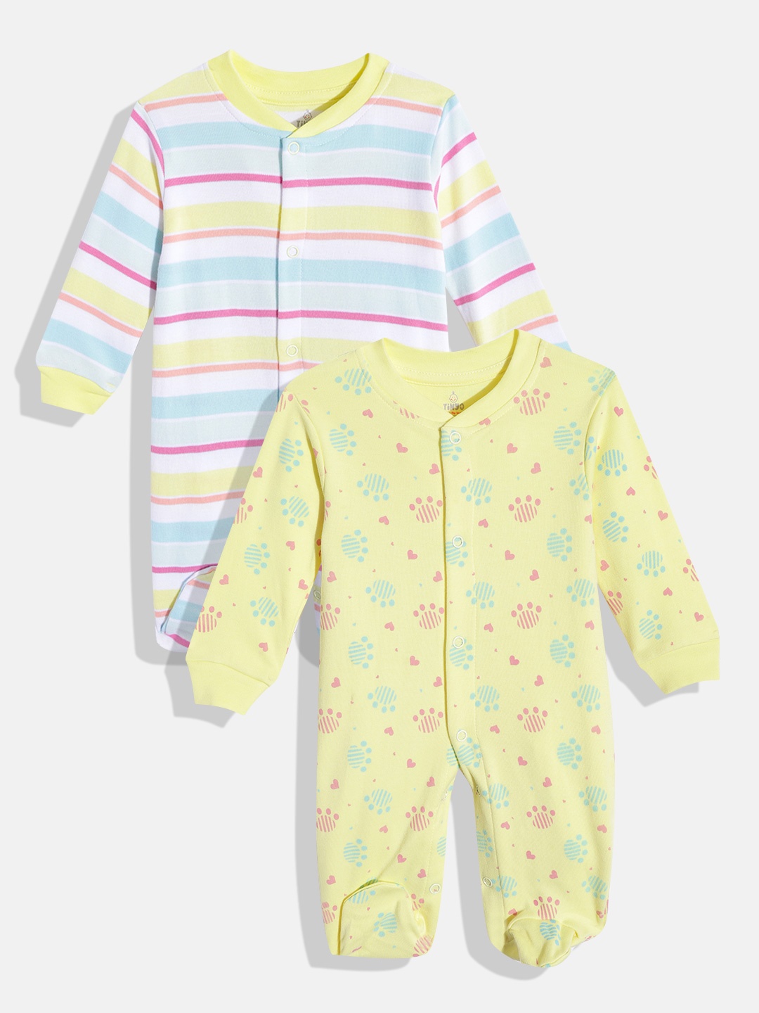 

TINYO Infant Girls Pack of 2 Pure Cotton Printed Sleep Suits, Yellow