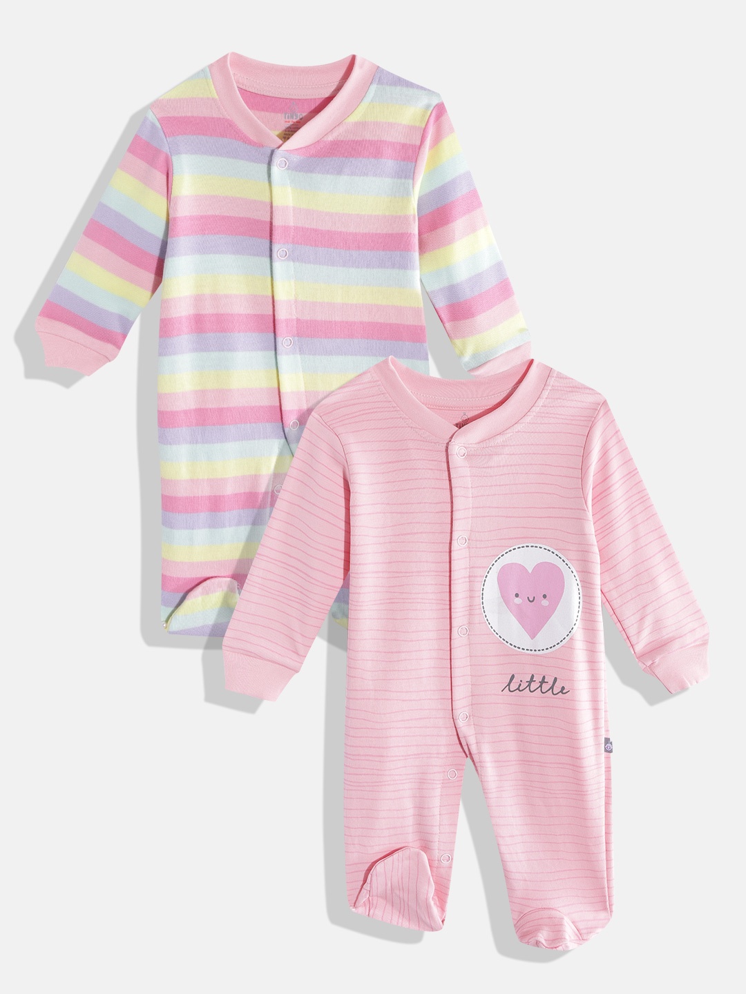 

TINYO Infant Girls Pack of 2 Pure Cotton Printed Sleep Suits, Pink