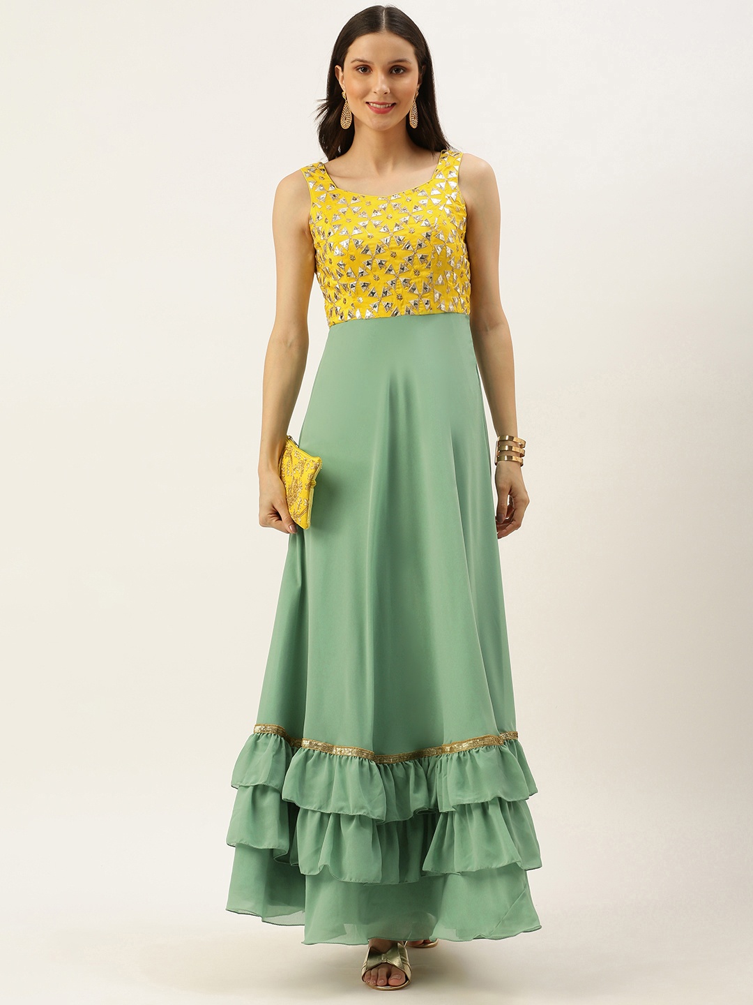 

Ethnovog Women Green Yellow Embellished Georgette A-Line Made to Measure Maxi Dress