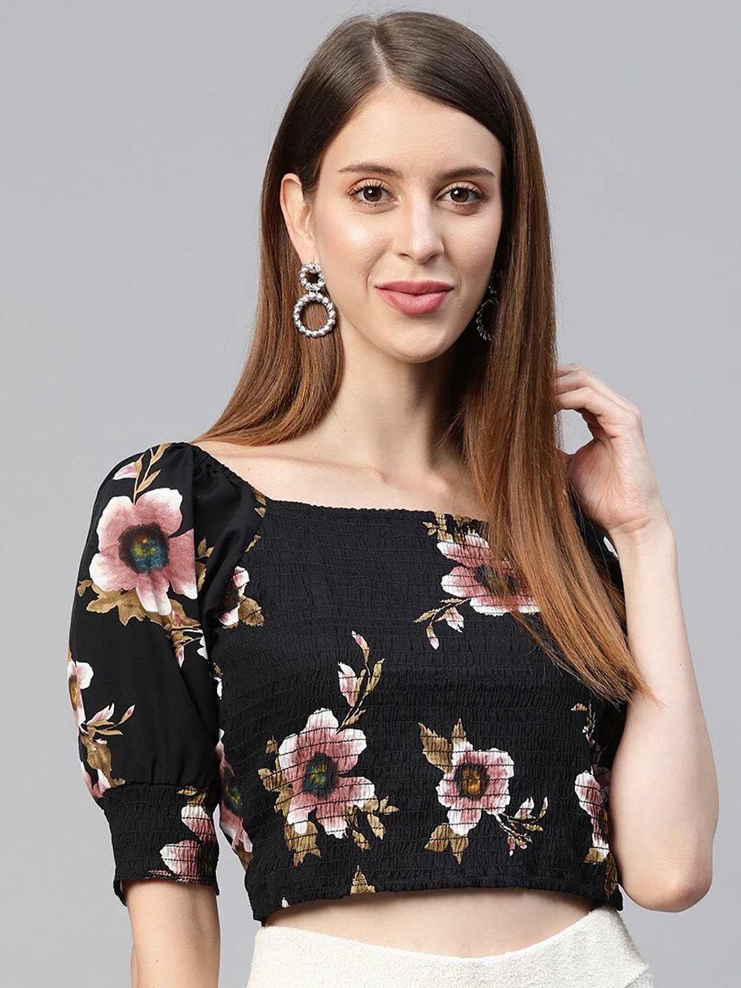 

SIRIKIT Black Floral Print Smocked Crepe Crop Top