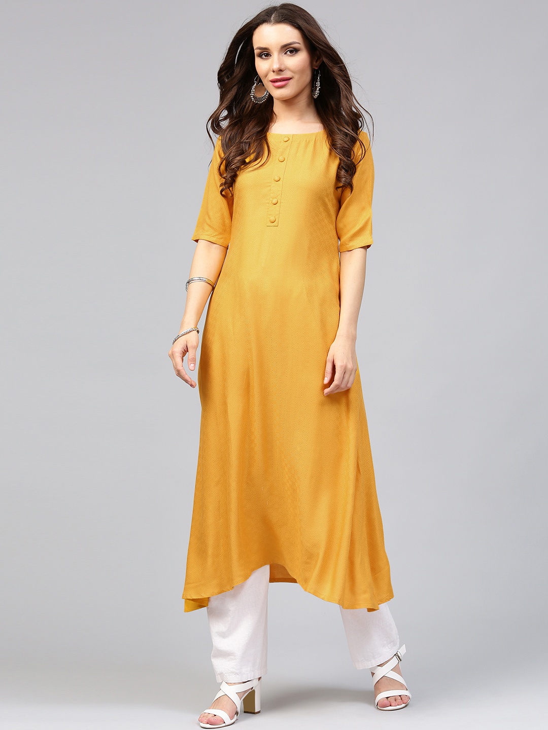 

Libas Women Mustard Yellow Woven Design Asymmetrical Hem Straight Kurta