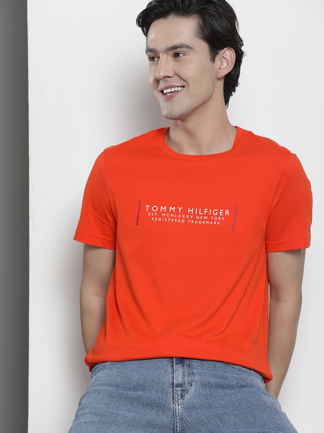 

Tommy Hilfiger Men Orange Typography Printed Slim Fit T-shirt