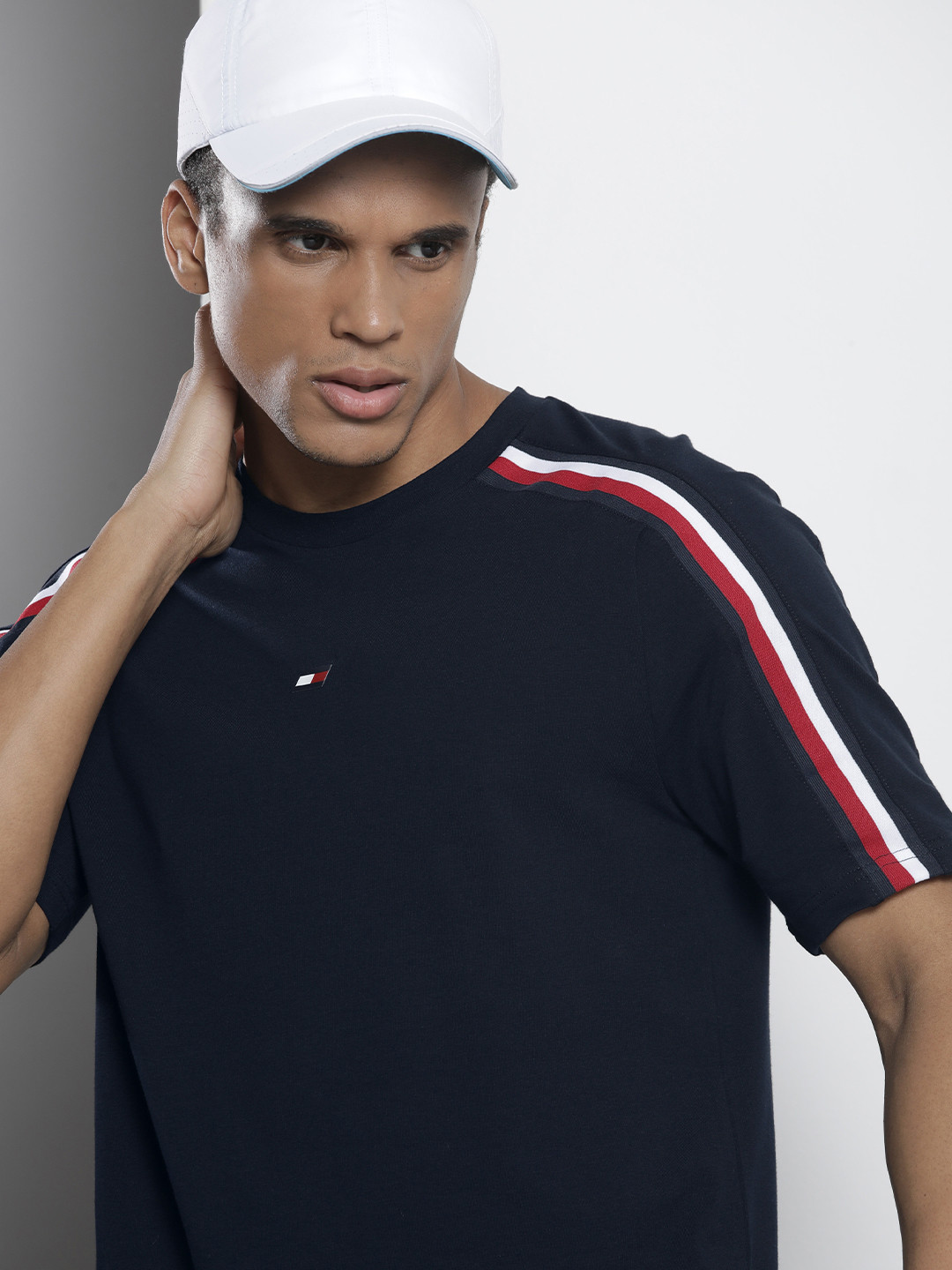

Tommy Hilfiger Men Navy Blue Side Stripes Casual T-shirt