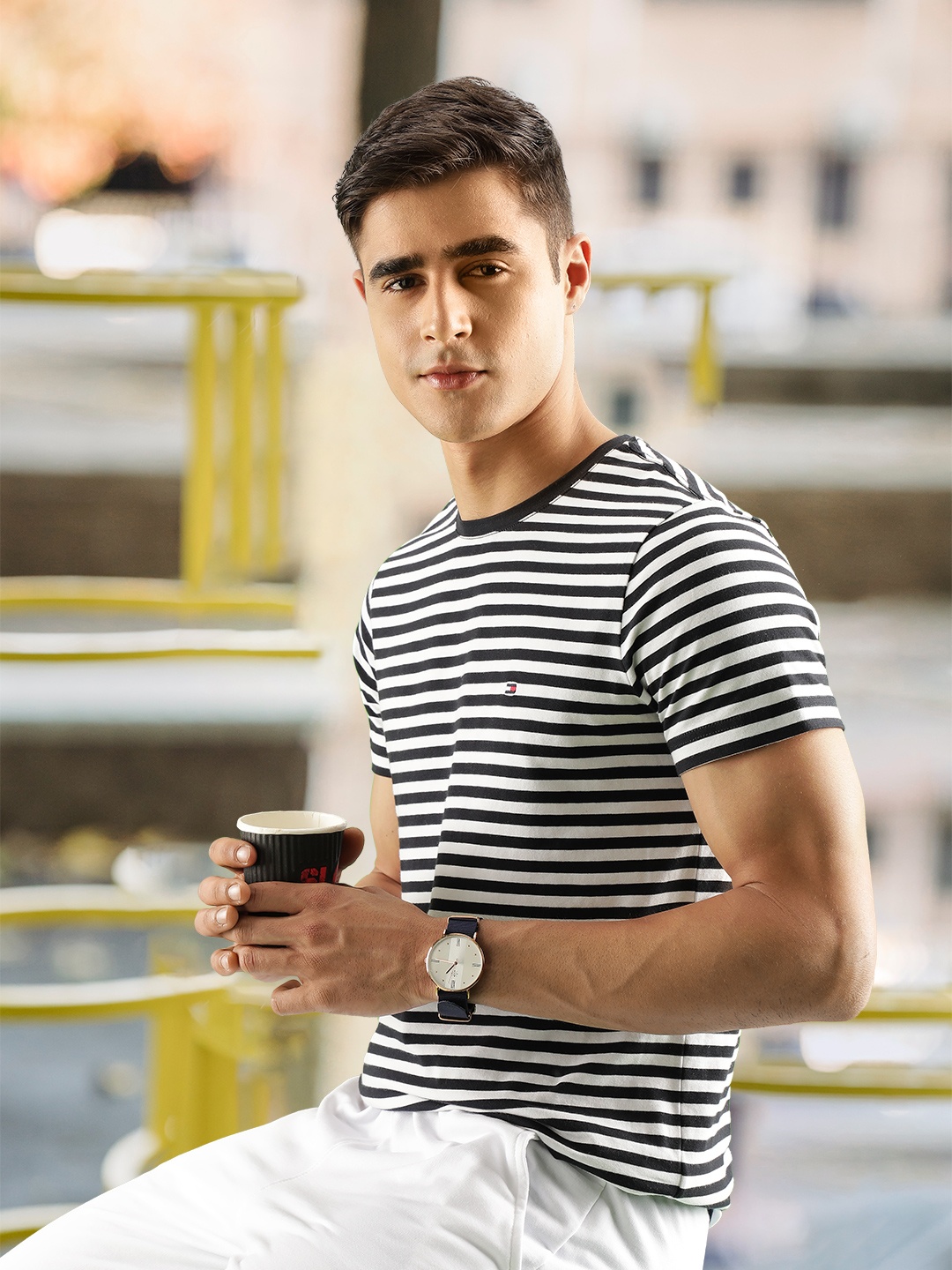 

Tommy Hilfiger Men Navy Blue & White Striped Slim Fit T-shirt
