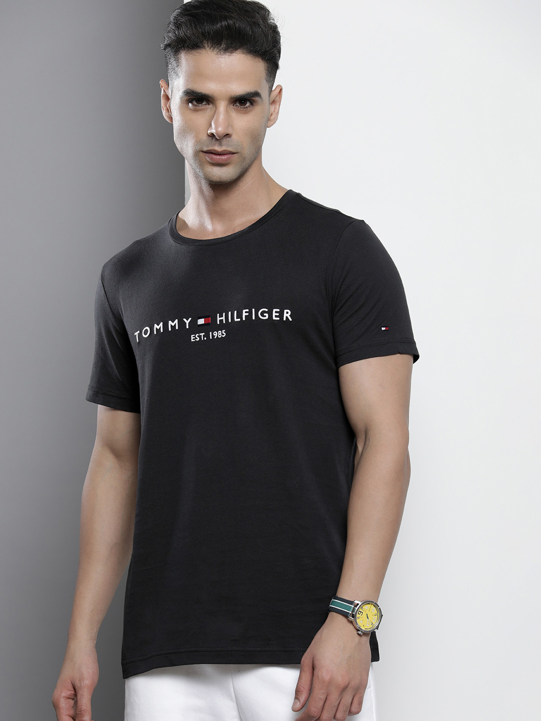 

Tommy Hilfiger Men Black Brand Logo Embroidered Pure Cotton Slim Fit Solid T-shirt