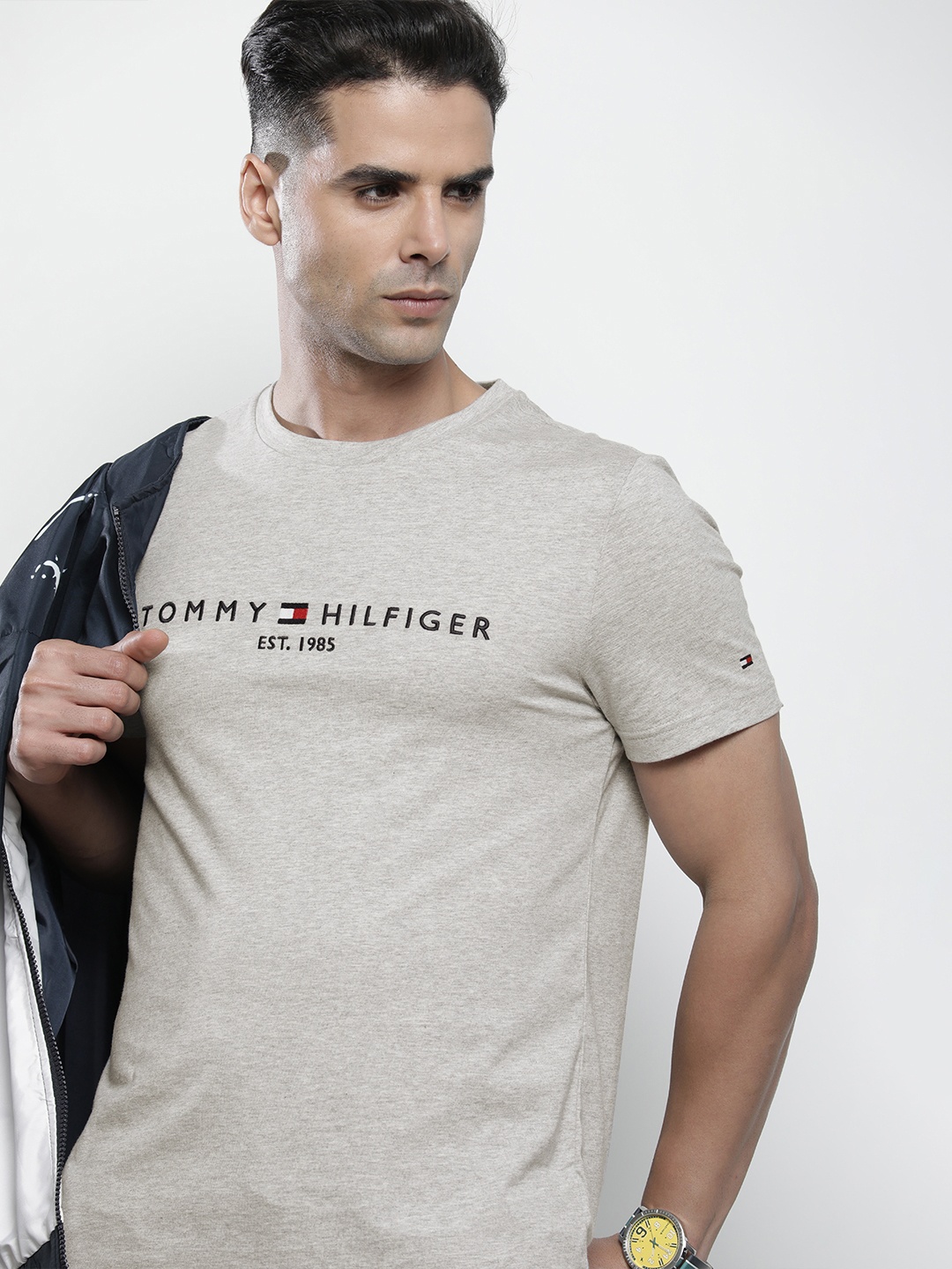 

Tommy Hilfiger Men Grey & Navy Blue Brand Logo Embroidered Pure Cotton Slim Fit T-shirt