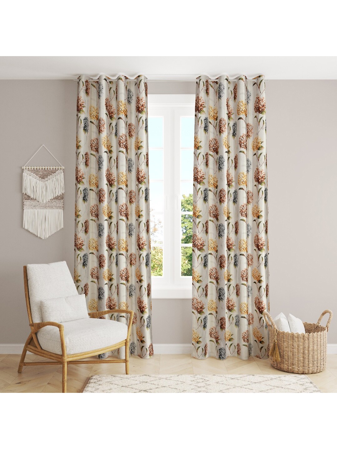 

MULTITEX Grey & Orange Set of 2 Floral Window Curtain