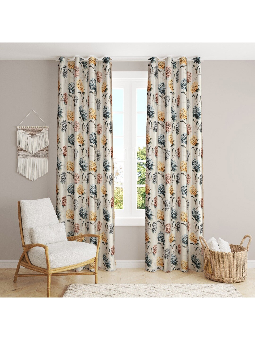 MULTITEX White & Blue Set of 2 Floral Long Door Curtain