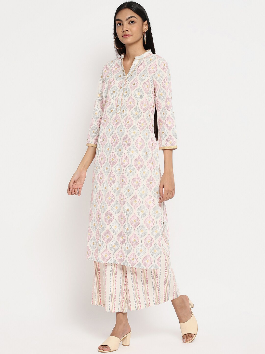 

R&B Women White Floral Printed Panelled Pure Cotton Kurta with Palazzos
