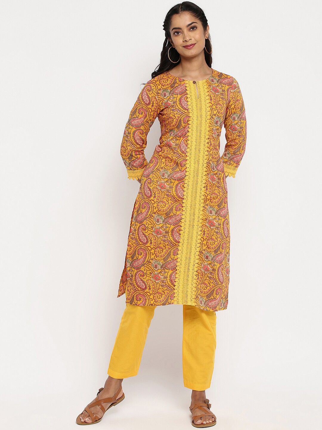 

R&B Women Yellow Ethnic Motifs Printed Layered Pure Cotton Kurti with Trousers & With Dupatta