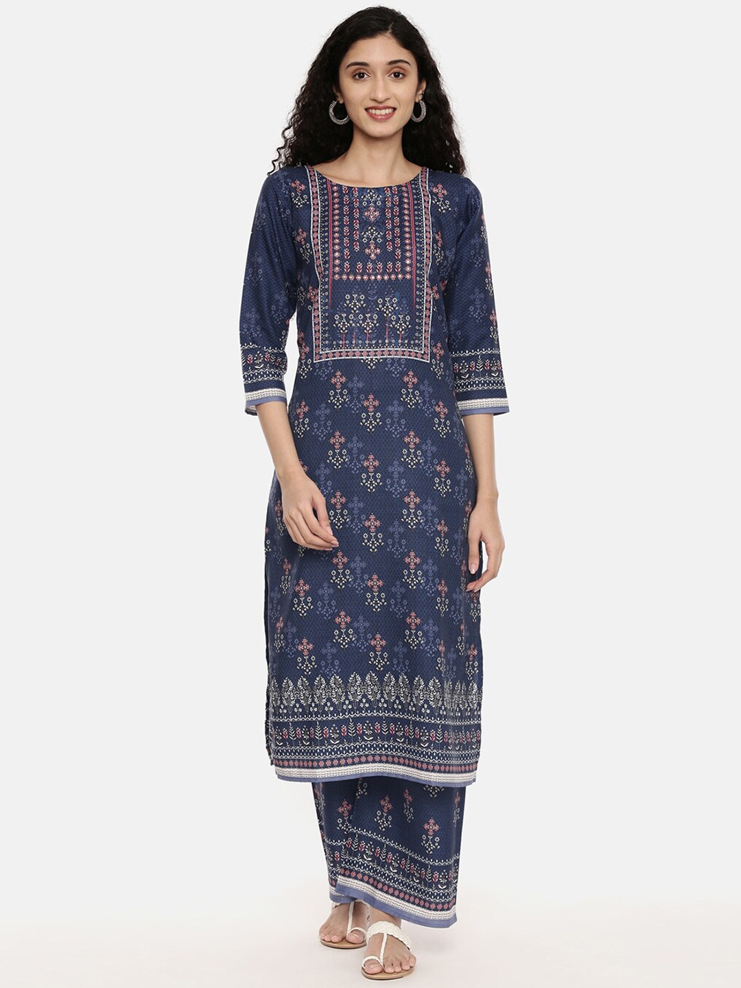 

R&B Women Blue Ethnic Motifs Printed Pure Cotton Kurta with Palazzos & With Dupatta