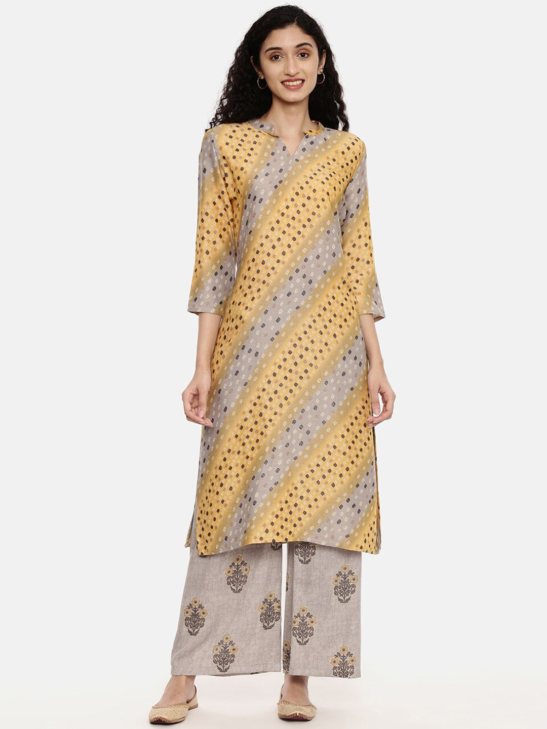 

R&B Women Yellow Ethnic Motifs Striped Kurta with Palazzos