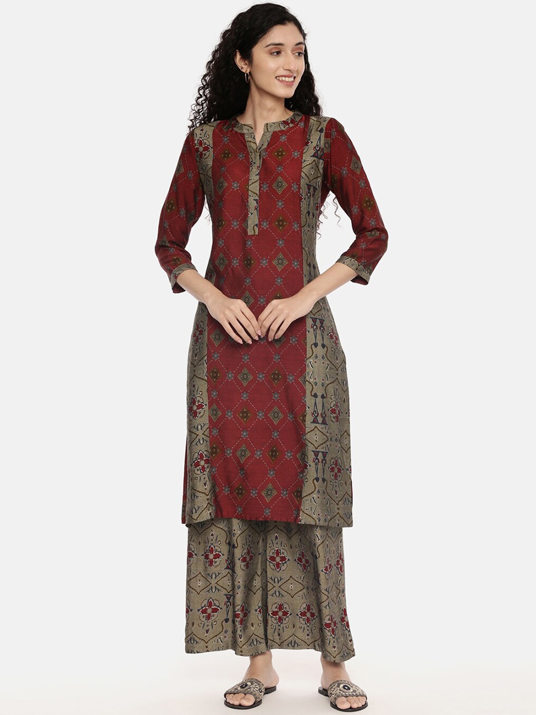 

R&B Women Maroon Ethnic Motifs Printed Panelled Kurta with Skirt