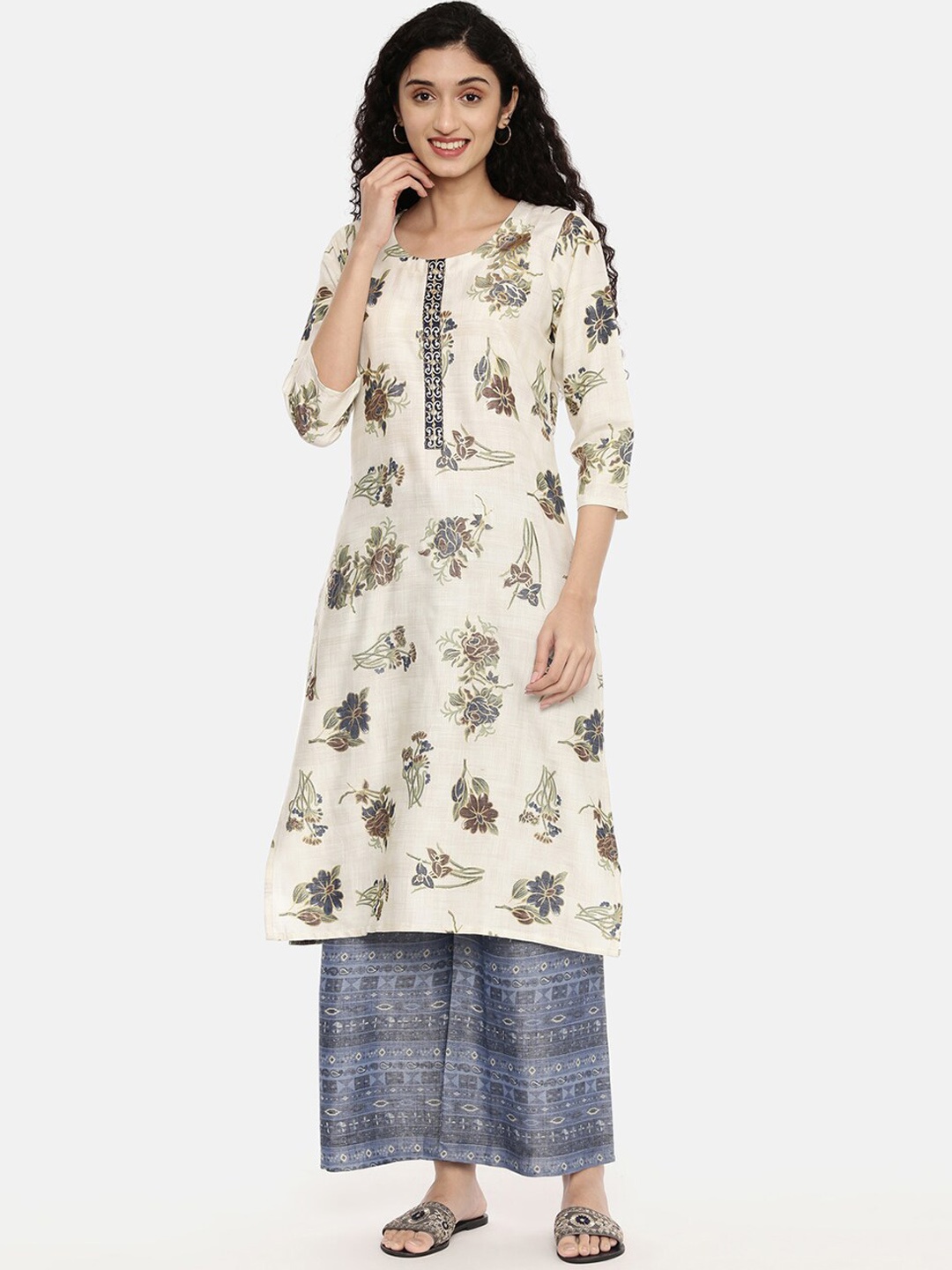 

R&B Women Beige Floral Printed Kurta with Palazzos