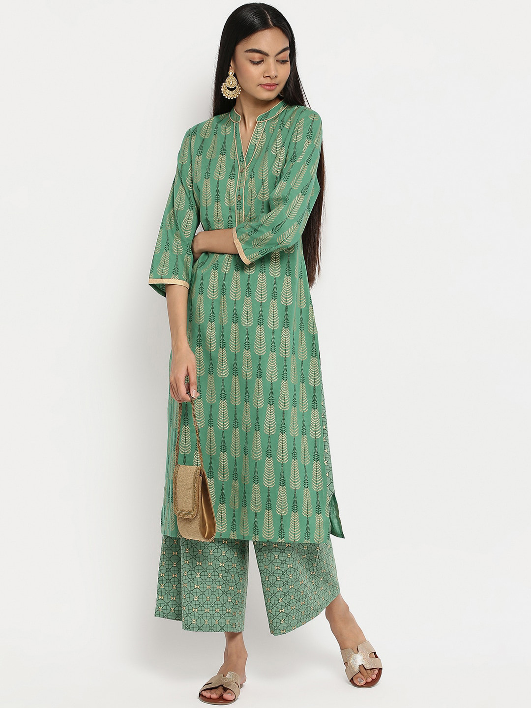 

R&B Women Green Ethnic Motifs Printed Pure Cotton Kurta with Palazzos