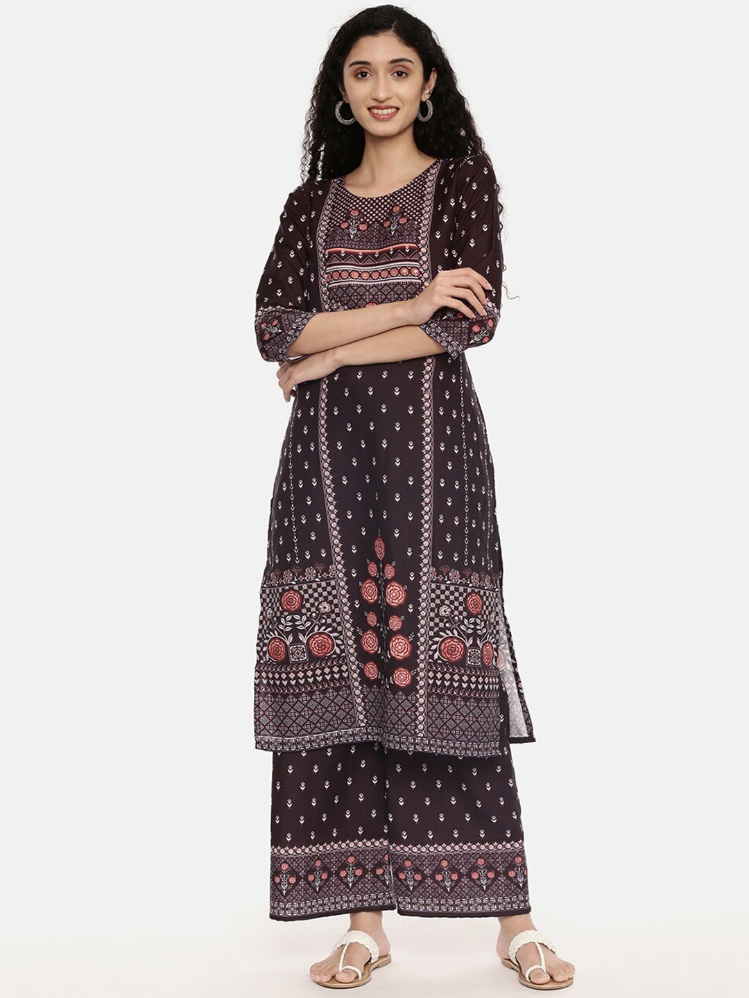 

R&B Women Magenta Striped Layered Pure Cotton Kurti with Sharara & With Dupatta