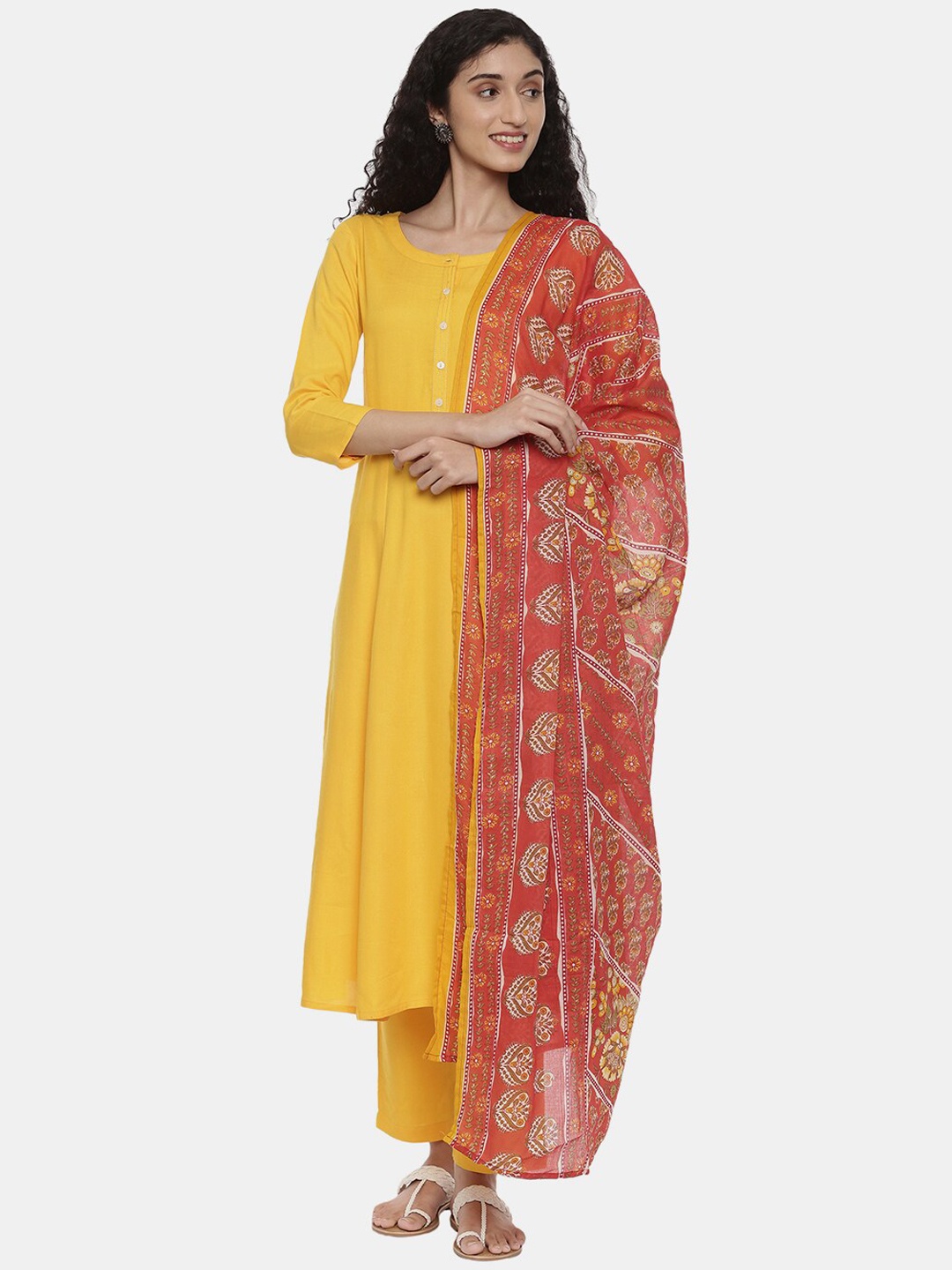 

R&B Women Yellow Embroidered Kurti with Palazzos & With Dupatta