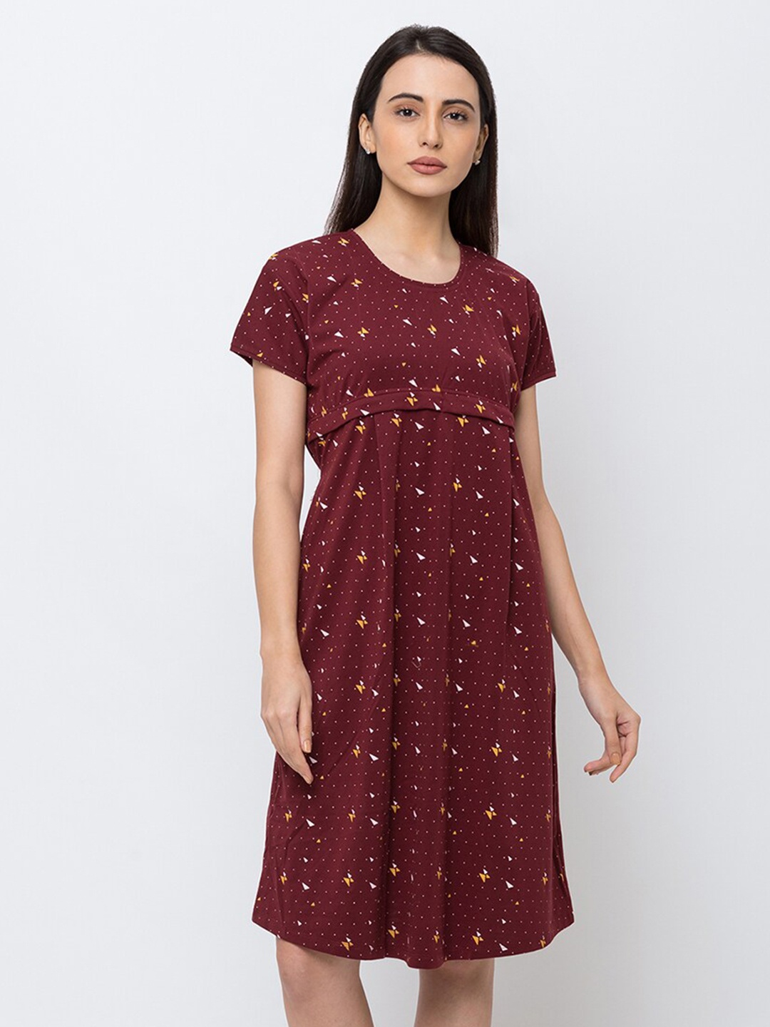 

MomToBe Maroon Printed Maternity Nursing Sustainable Nightdress