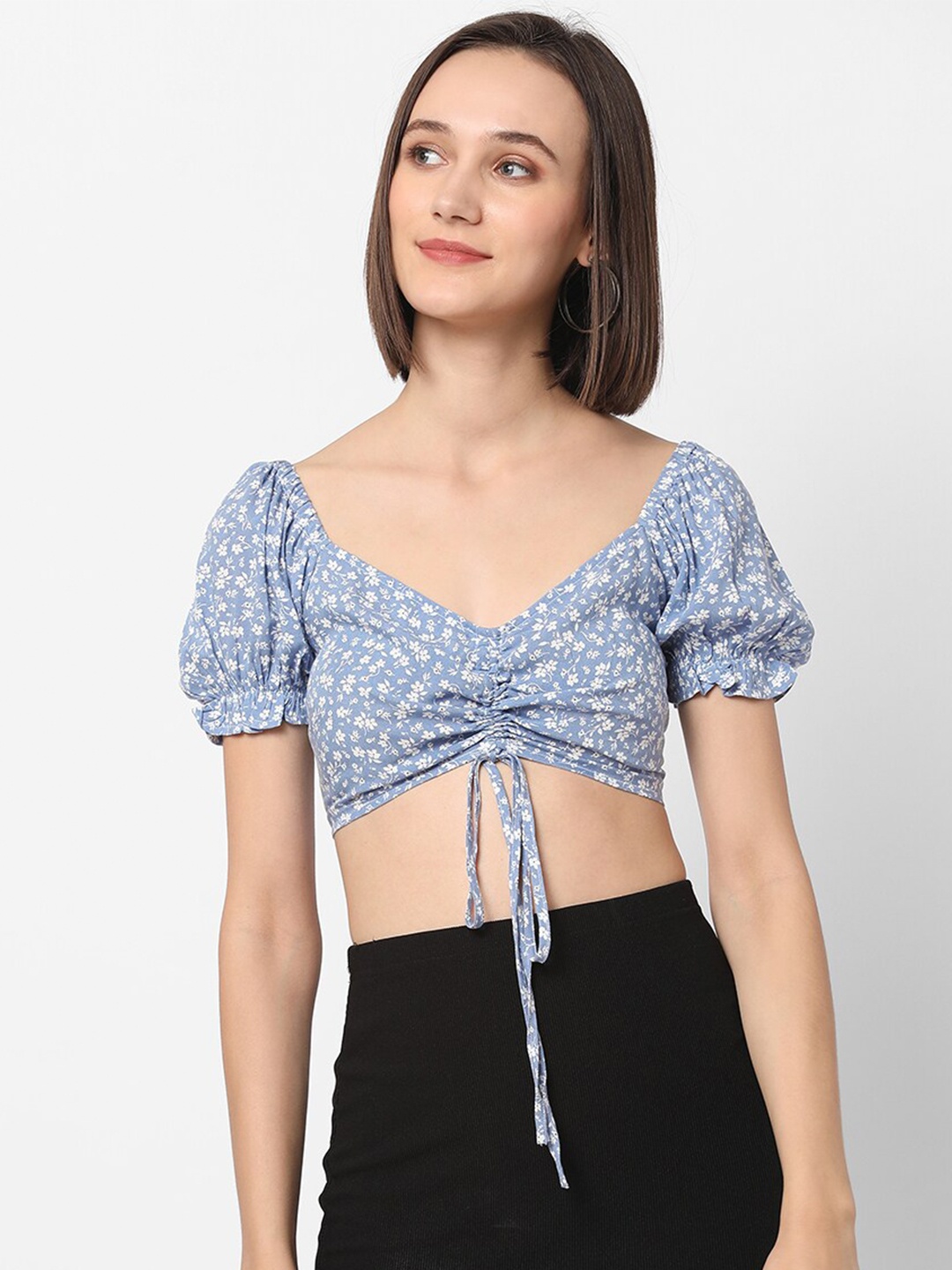 

VASTRADO Blue Floral Print Crop Top