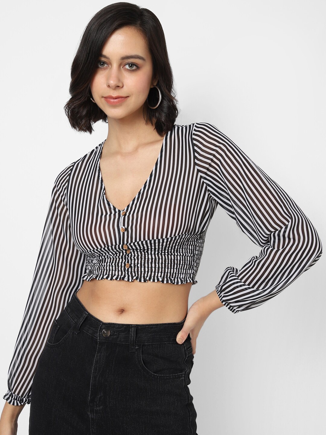 

VASTRADO Black Striped Blouson Crop Top