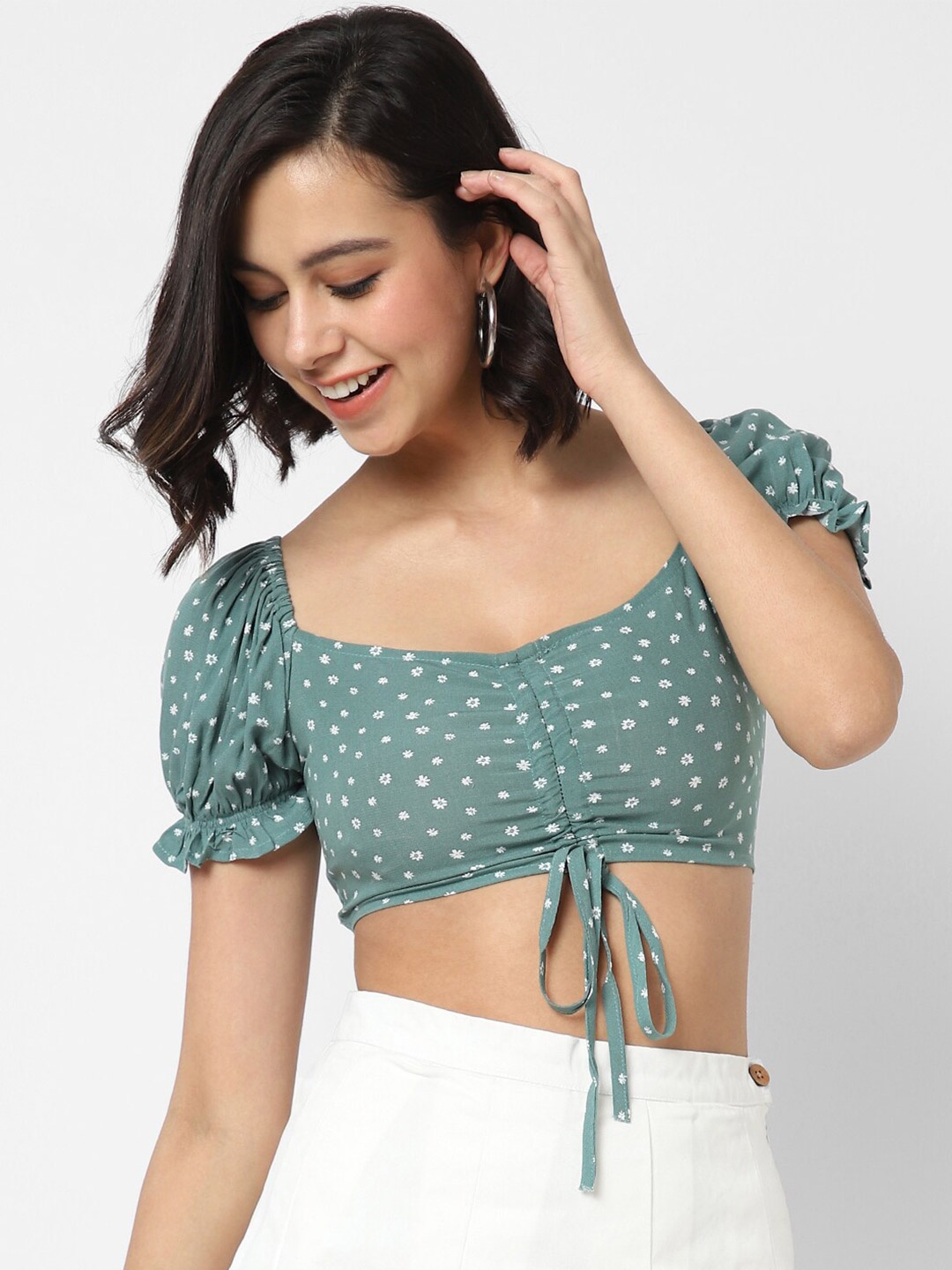 

VASTRADO Green Print Sweetheart Neck Crop Top