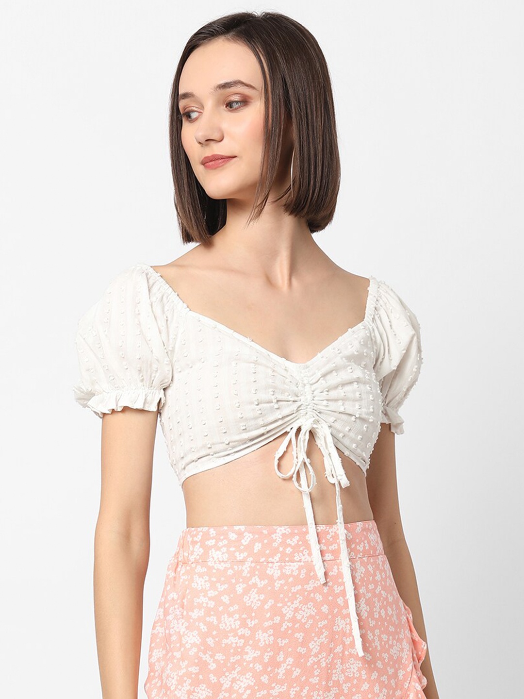 

VASTRADO White & seashell Sweetheart Neck Crop Top