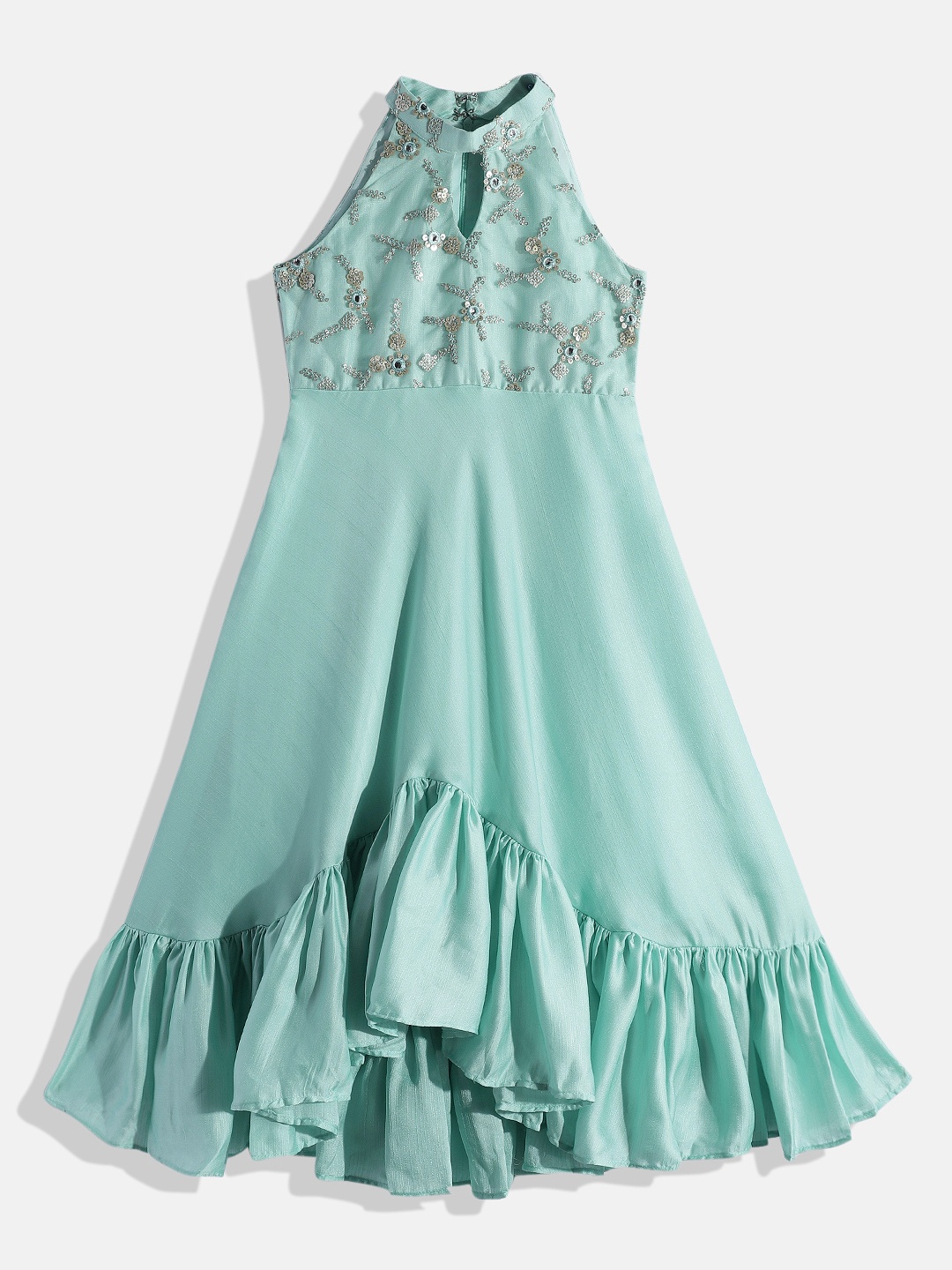 

Ethnovog Green Embellished Halter Neck Satin Made To Measure A-Line Midi Dress