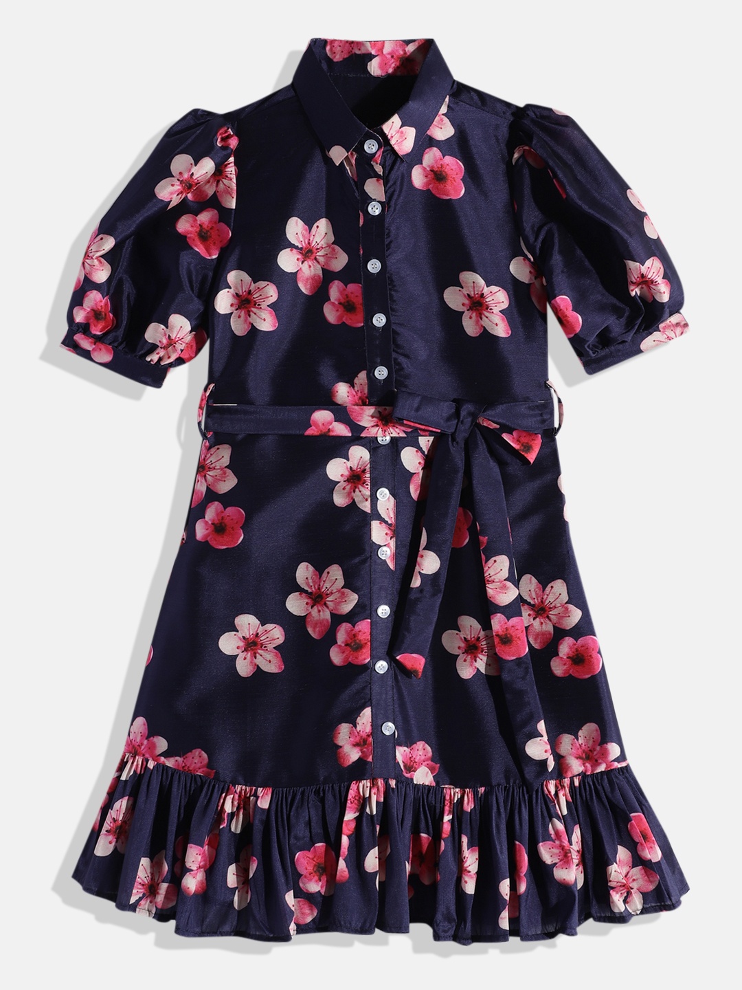 

Ethnovog Navy Blue Pink Floral Made To Measure Shirt Dress
