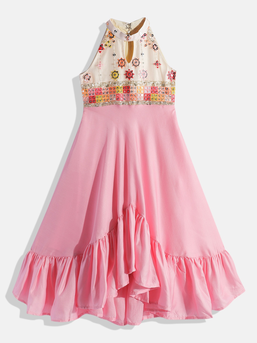 

Ethnovog Pink Cream-Coloured Halter Neck Satin Made To Measure A-Line Midi Dress