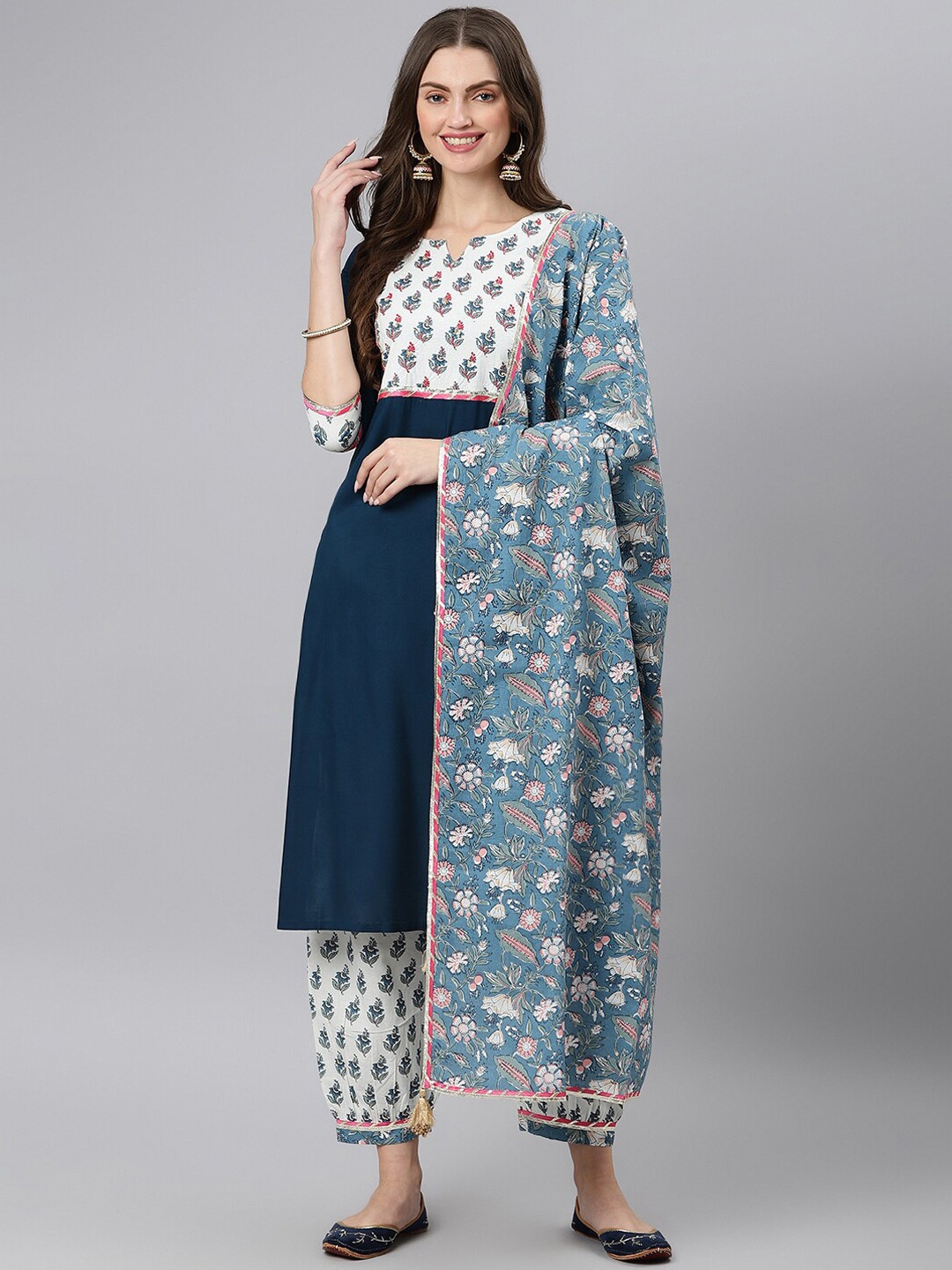 

Khushal K Women Blue Yoke Design High Slit Kurta with Trousers & With Dupatta
