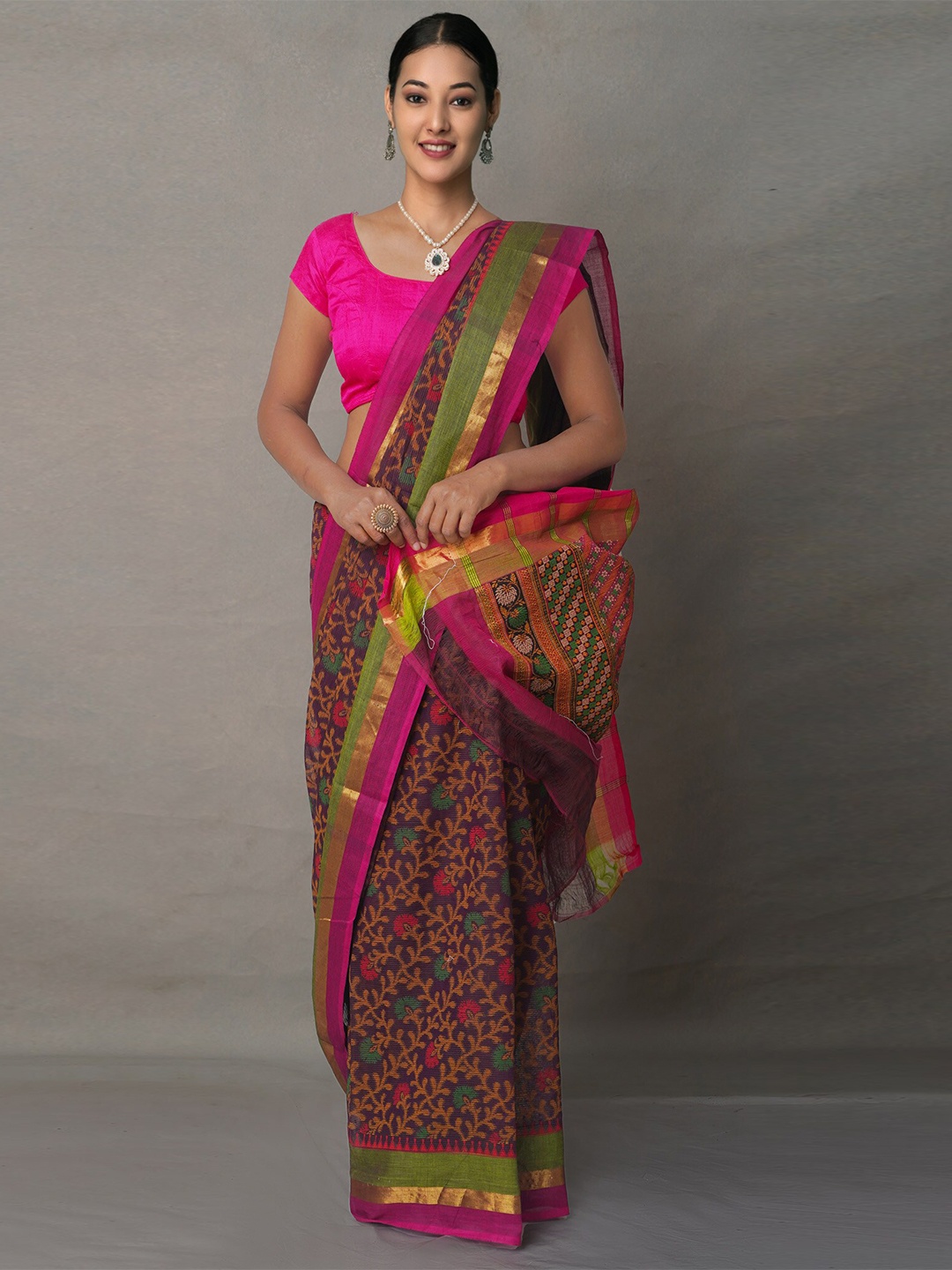 

Unnati Silks Pink & Green Ethnic Motifs Pure Cotton Block Print Saree
