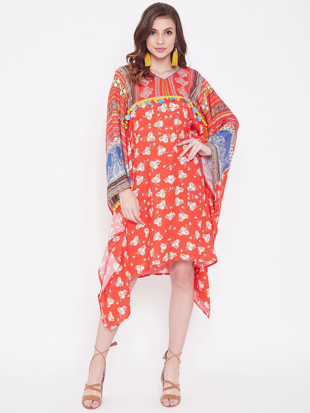 

The Kaftan Company Red & sunset orange Floral Kaftan Dress