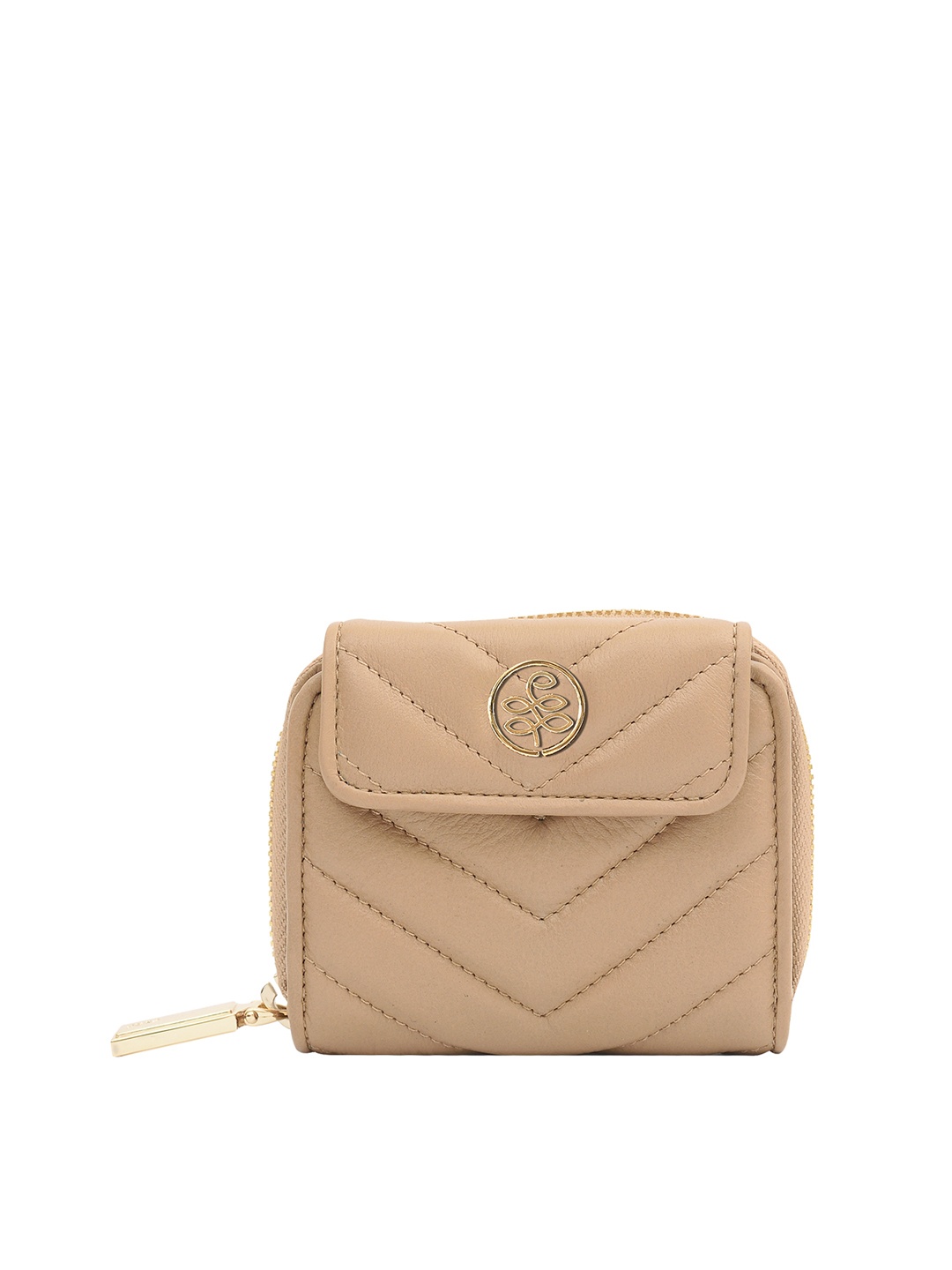 

Eske Women Beige & Gold-Toned Quilted Leather Zip Around Wallet