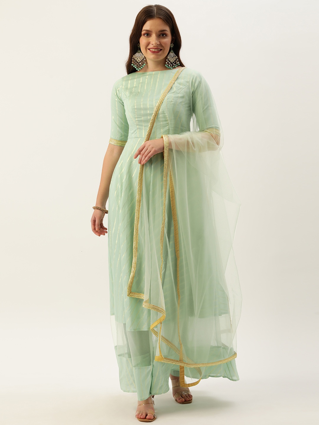 

Ethnovog Women Sage Green Self Strip Made To Measure Kurta with Trousers With Dupatta