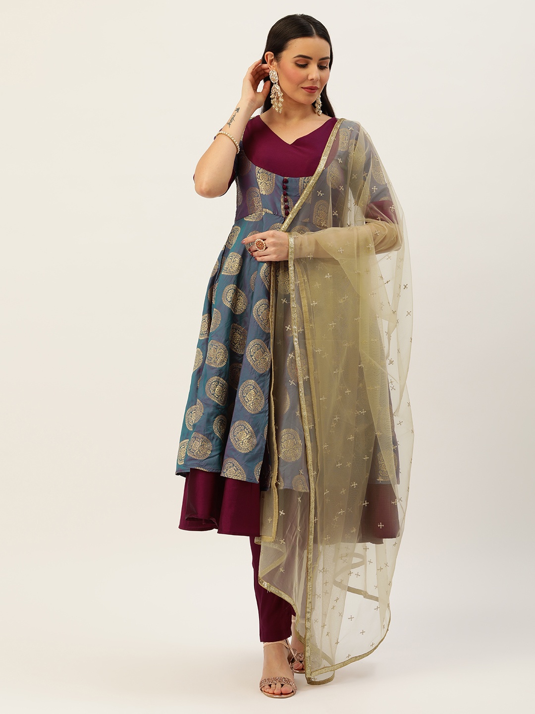 

Ethnovog Teal Blue Gold Jacquard Woven Made To Measure Layered Anarkali Kurta Set