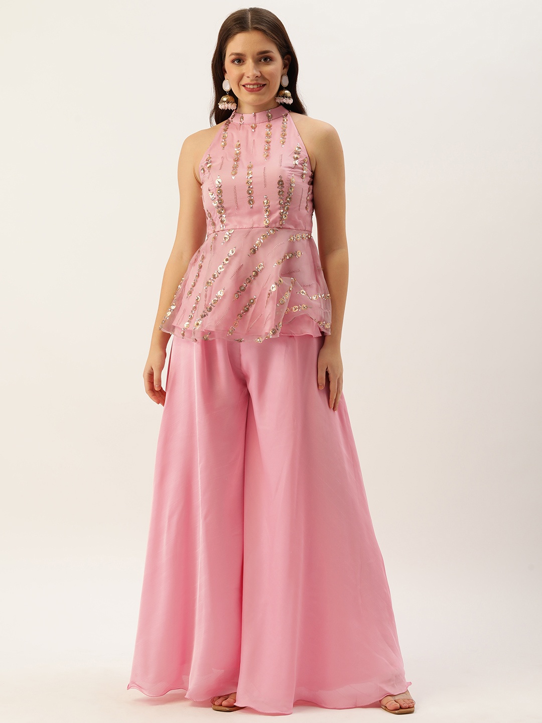 

Ethnovog Women Pink Floral Embroidered Made To Measure Sequinned Top with Palazzos