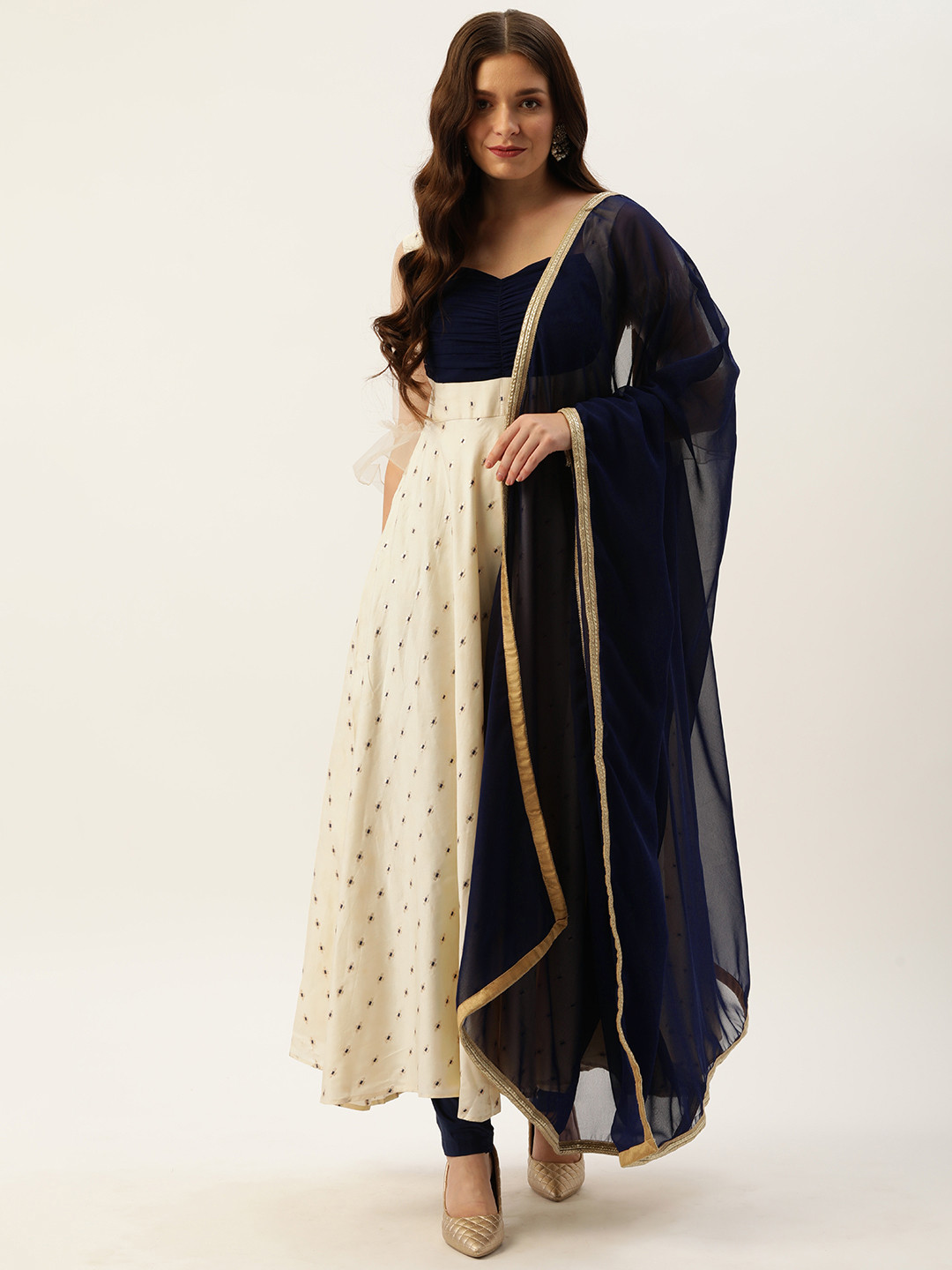 

Ethnovog Cream-Coloured Blue Made To Measure Empire Kurta Trousers Dupatta