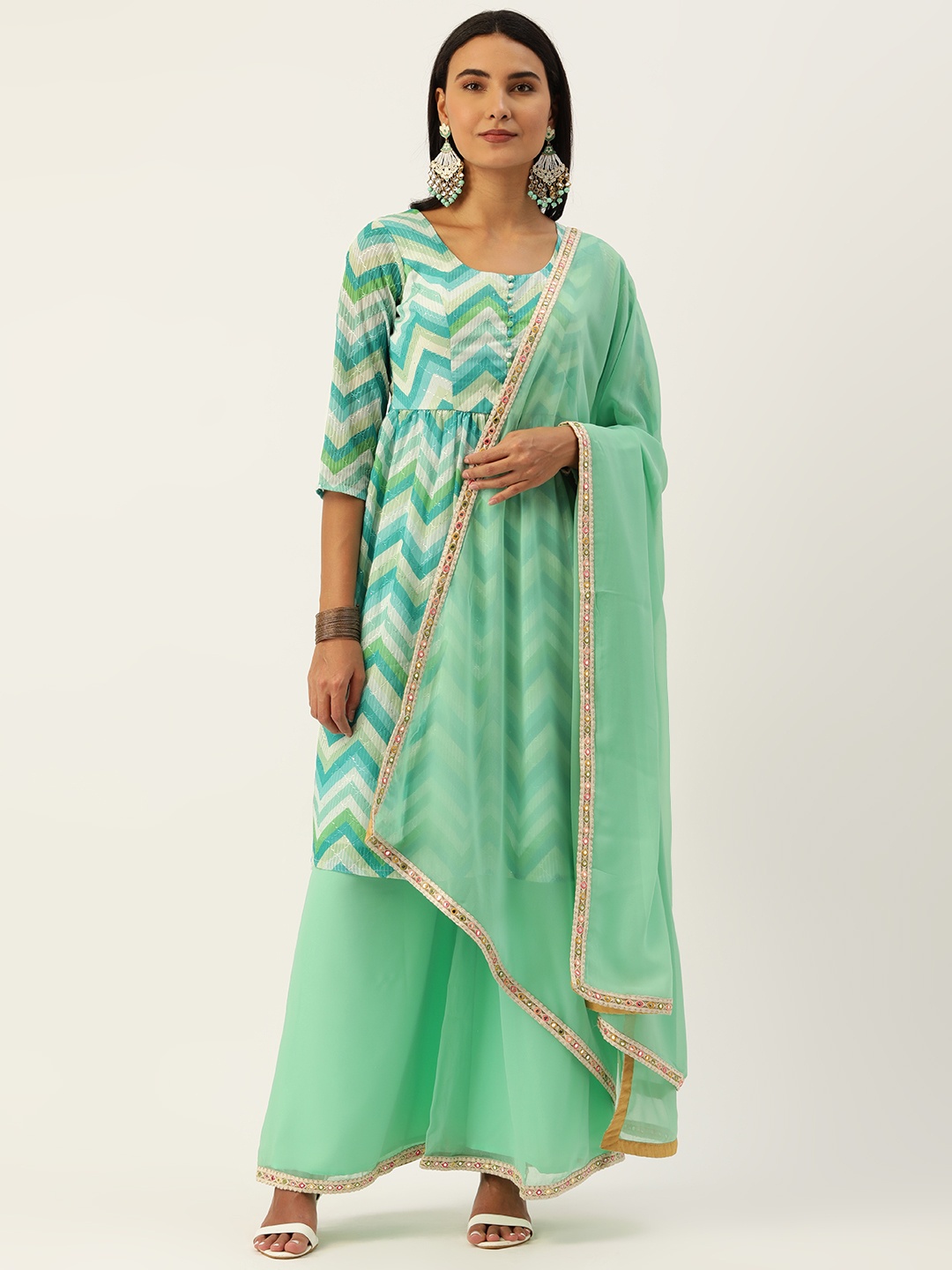 

Ethnovog Green White Made To Measure Chevron Print Straight Kurta Palazzos Dupatta