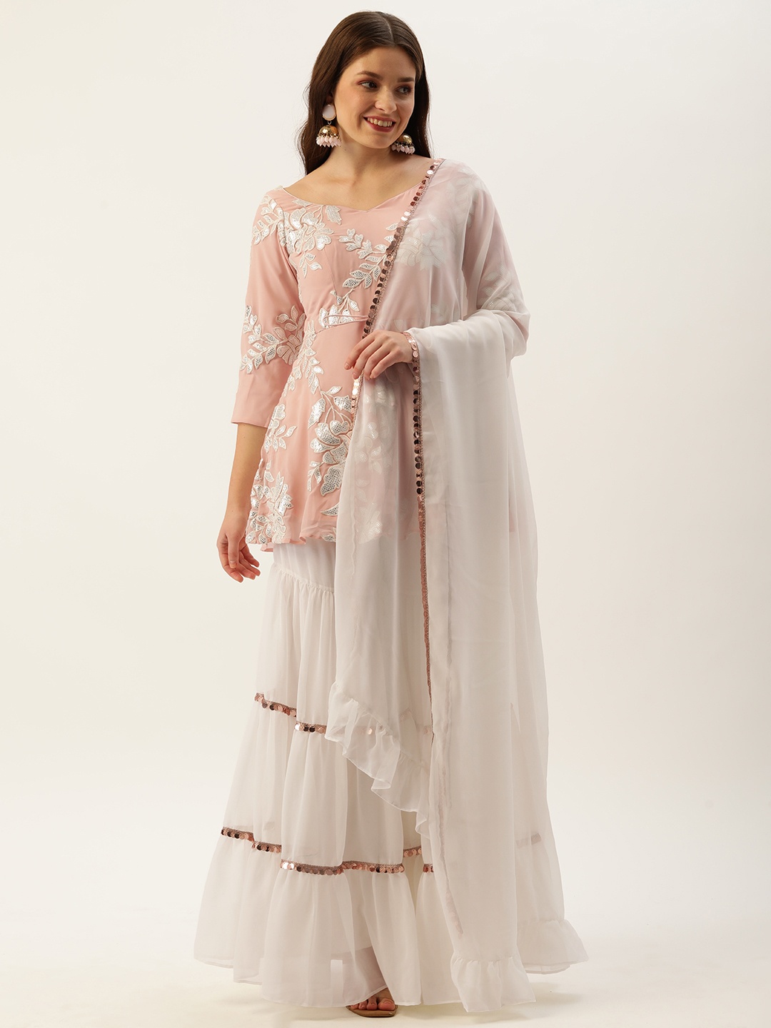 

Ethnovog Women Peach-Coloured Floral Made To Measure Kurti with Sharara Dupatta
