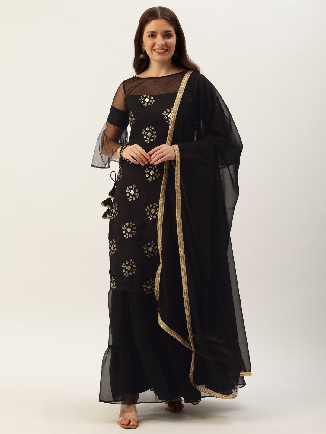 

Ethnovog Women Black Floral Embroidered Made To Measure Kurta with Palazzos Dupatta