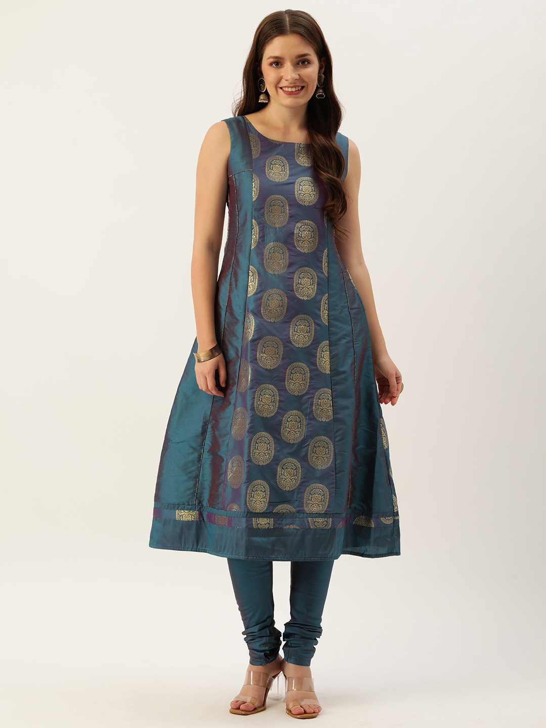 

Ethnovog Teal Blue Gold Made To Measure Jacquard Woven Panelled A-Line Kurta Churidar